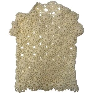 Vintage Handmade Ivory Cream Crochet Floral Pattern 70s Sweater